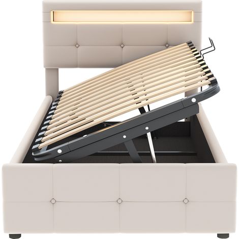 Lit rembourré pour enfant 90x200 cm avec éclairage LED, lit de rangement hydraulique, tête de lit réglable en hauteur, lit simple surélevé, tissu en velours, beige (1/5)