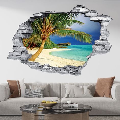 Stickers Trompe l'oeil trou dans le mur - Plage Palmiers - 30 x 45 cm - Pierres grises (1/5)