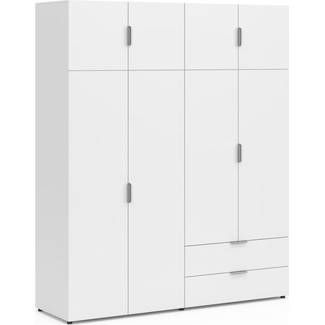 Armoire 4 portes MINA blanc penderie 160 cm avec 2 rangements hauts et 2 tiroirs