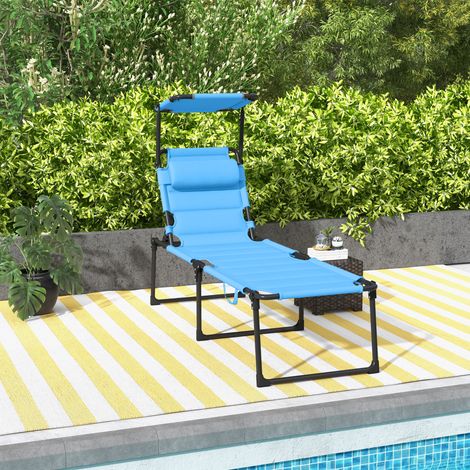 Gartenliege mit verstellbarem Sonnendach, 4-fach verstellbarer Rückenlehne und Kopfstütze für Terrasse und Garten, 70 x 200 x 45 cm, Hellblau