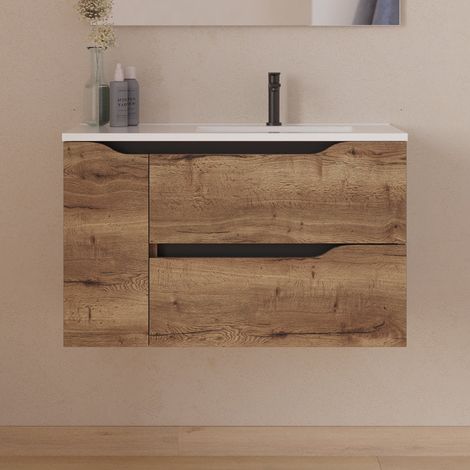 Meuble sous vasque seul, 2 tiroirs et 1 porte, 80cm, pour vasque déportée droite - tabaco (bois foncé) - ZARZA
