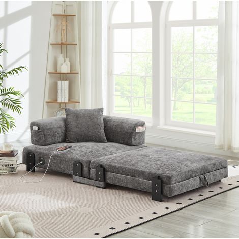Canapé-lit compact gris foncé en tissu avec ports USB/Type-C et rangement (1/5)