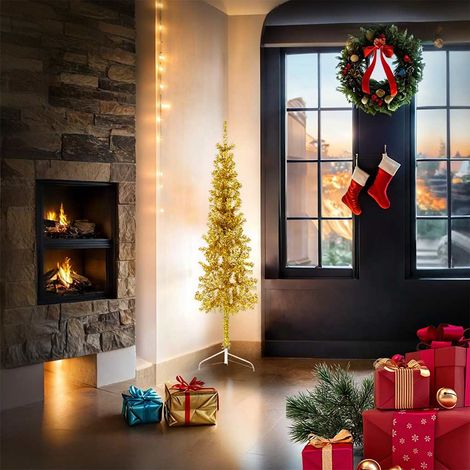 Demi Sapin de Noël Arbre de Noël artificiel mince avec support Doré 150 cm (1/5)