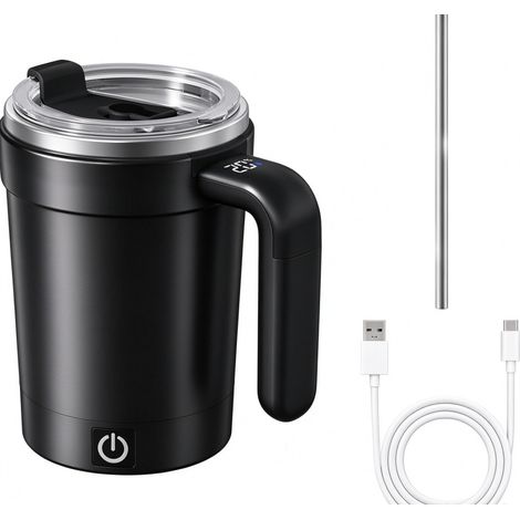 Mug à café auto-mélangeur 380 ml, tasse électrique magnétique amovible avec couvercle et paille, tasse en acier inoxydable avec affichage de la température, convient à la maison, au bureau et aux voya (1/5)