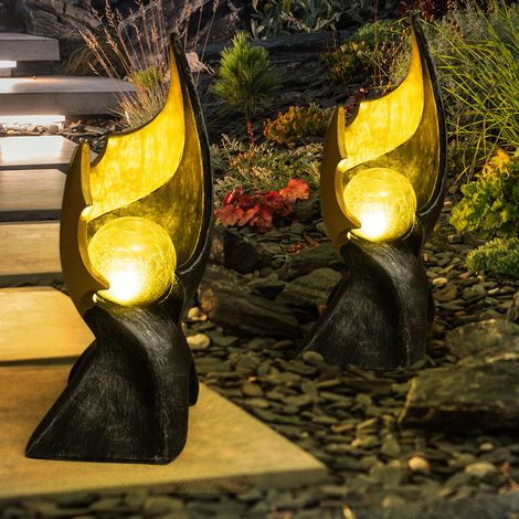 LED Solar Flamme Solarlampen für Außen Garten Dekoration Solarleuchte mit Flammeneffekt, gold braune Skulptur mit bezauberndem Lichteffekt, 1x LED warmweiß, H 36 cm, 2er Set