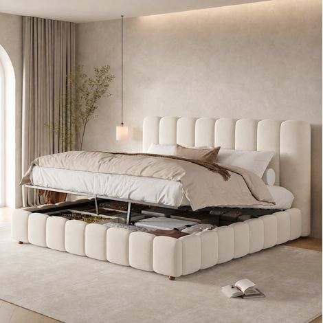 Cama doble 160x200 cm beige de terciopelo con canapé hidráulico y somier (1/5)