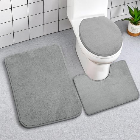 Lot de 3 tapis de bain à poils longs – forme en U pour WC, microfibre épaisse, antidérapants (gris)
