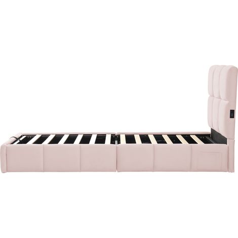 Letto contenitore 90 x 200 cm con rete, velluto rosa, testiera imbottita e USB, HOMVRA (1/5)