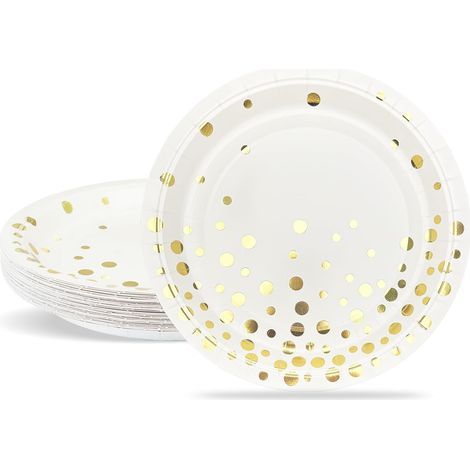 24 Assiettes en carton, 18cm Diamètre, Blanc Paillettes dorées, Pour mariage Anniversaire Baptême