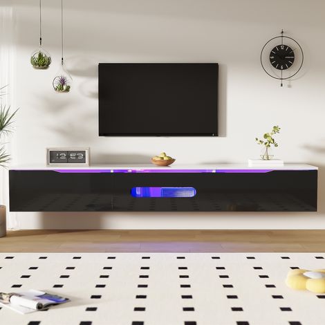 Vitrine & meuble TV 180×30×35 cm – noir + blanc laqué, LED 16 couleurs (1/5)
