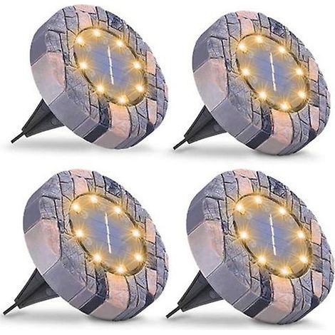 Lot de 4 lampes solaires de sol avec 8 LED blanc chaud lumineuses, éclairage décoratif étanche pour jardin, allée, pelouse, trottoir et espaces extérieurs. (1/4)