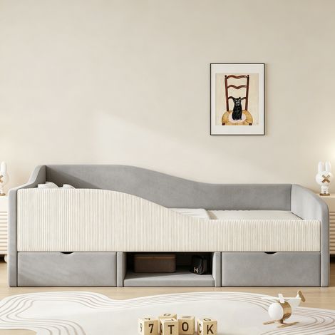 Lit enfant capitonné 90 x 190 cm, lit multifonctionnel avec deux tiroirs et barrières de sécurité, revêtement en velours doux pour la peau, sans matelas, gris (1/5)
