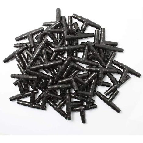 Lot de 100 raccords cannelés pour irrigation goutte à goutte, connecteurs universels en T pour tuyau d'arrosage 4/7 mm, compatibles avec les systèmes d'irrigation goutte à goutte de jardin. (1/4)