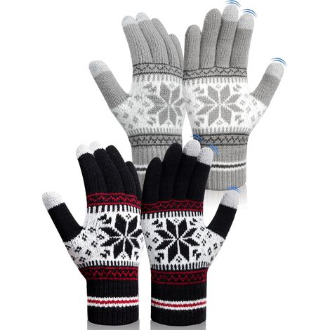 Weihnachtshandschuhe für Paare – Dicke, elastische Winterhandschuhe mit Touchscreen-Funktion – Schneeflockenmuster, Schwarz/Grau