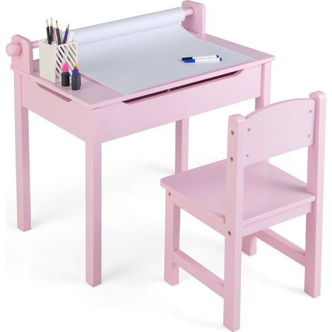 Kids Desk and Chair Set Wooden Toddler Craft Table  Lift-top wIth Paper Roll (1/5)