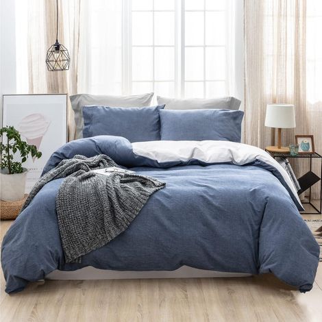 Bettwäsche-Set 220x240 cm Baumwolle Stone Washed Look Denim Blau 3-teilig (1/5)