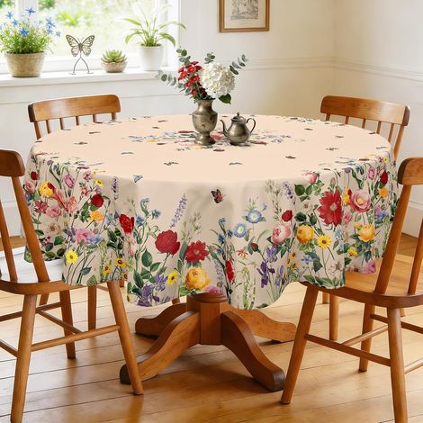Nappe Ronde Motif Imperméable, Nappe de Table Floral Rétro Printemps été, Décorative pour Repas en Famille et Table de Terrasse, 180 x 180 cm (1/5)