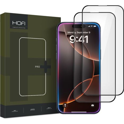 Pellicola protettiva in vetro temperato Hofi Glass PRO+ (confezione da 2) per iPhone 16 Pro, colore nero. (1/4)
