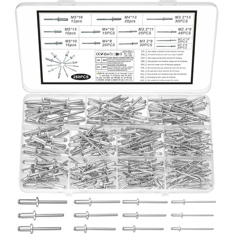 260 Pcs Rivet Pop Tete Large, Rivets Pop en Aluminium à Tête Large, Rivets Aveugles en Aluminium pour Métal Bois, bateaux, voitures, meubles, rails et bricolage(argenté, M2.4, M3.2, M4, M5) (1/5)