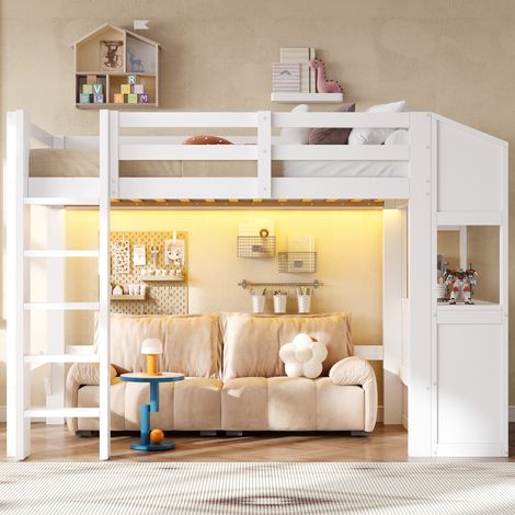 Lit mezzanine 90x200 cm gain de place avec 3 tiroirs, étagères de rangement, éclairage LED, garde-corps, structure en pin et MDF, blanc (1/5)