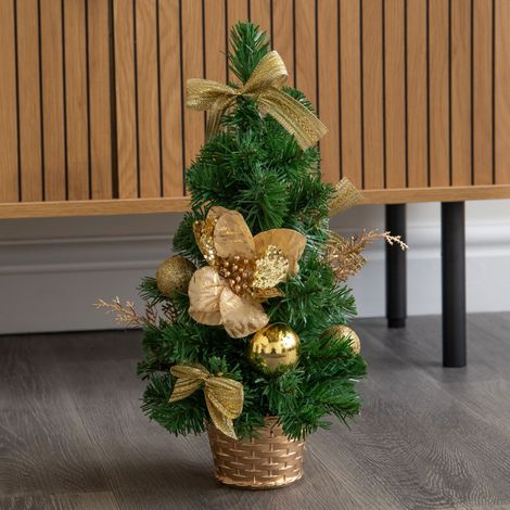 Golden Fir Mini Christmas Tree with Gold Baubles, Ribbons & Poinsettias (1/5)
