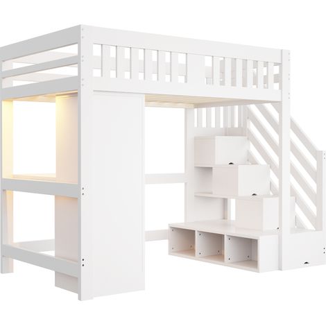 Letto a soppalco 140 x 200 cm con scrivania, vani contenitore, armadio, panca e LED, bianco (1/5)