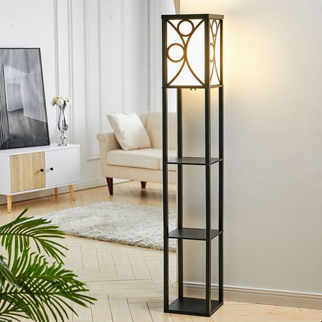 3 in 1 Wooden and Linen Floor Lamp with Shelves,Black Geometric Pattern (1/5)
