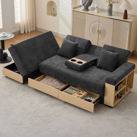 Canapé de salon avec rangement, dossier réglable en 3 positions, canapé-lit avec tiroirs, tissu chenille, structure en MDF, porte-gobelet et pouf de rangement, 217 cm de hauteur, gris. (1/5)