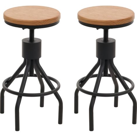 Set di 2 sgabelli da bar HHG-962, poggiapiedi girevole altezza regolabile metallo industriale legno massiccio, naturale