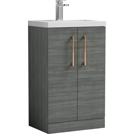 Balterley Bramshall Compact Bathroom Cloakroom Vanity Basin Unit with Polymarble Basin, Copper Handles, 500mm, Woodgrain Grey