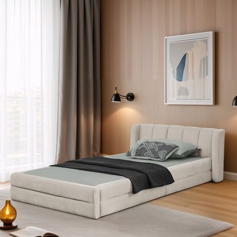Lit simple 90x200cm - Lit enfant en tissu avec dossier confortable - Style Scandinave - Chenille Beige (1/5)