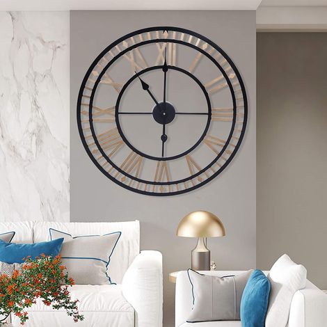 80 cm große Uhr, moderne Uhr aus Metall, römische numerische Eisenwecker, Wohnzimmer, Schlafzimmer, Küchendekoration, Batteriebetrieb, Gold (1/5)