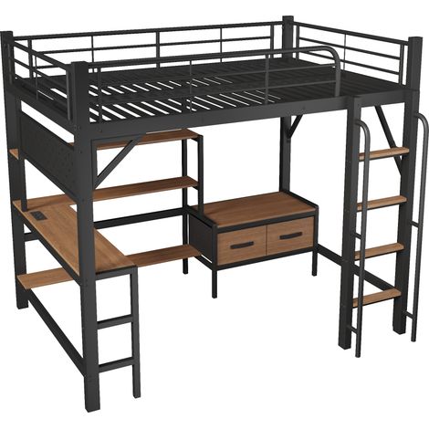 Cama alta 140 x 200 cm de metal y MDF con escritorio, estantes, USB y LED, negro (1/5)