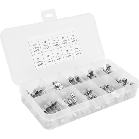 Juego de 100 fusibles de vidrio de acción rápida (0,2 A, 0,5 A, 1 A, 2 A, 3 A, 5 A, 8 A, 10 A, 15 A, 20 A) para protección (1/5)