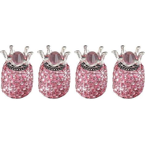 Lot de 4 couvre-pneus de voiture en forme de couronne, effet diamant, brillants et anti-poussière (rose)-1.9X1.5cm-Pink