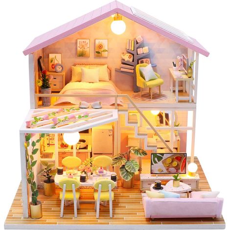 Miniatur-Puppenhaus-Bausatz aus Holz zum Selbstzusammenbauen, inklusive Möbeln, LED-Beleuchtung und Musik Weihnachts-Miniatur-Puppenhaus-Bausatz aus der Sweet Moments Kollektion Geschenk zum Kindertag