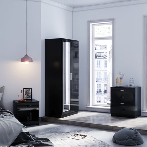 ELEGANT Modern Wardrobe and Cabinet Furniture Set Bedroom 2 Doors Wardrobe with Mirror and 4 Drawer Chest and Bedside Cabinet, Black (1/5)
