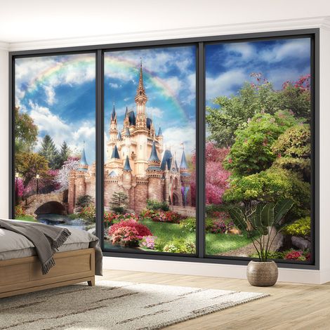 Papier peint panoramique Trompe l'oeil baie vitrée Enfants - Château arc-en-ciel - 130 cm x 78 cm (1/5)