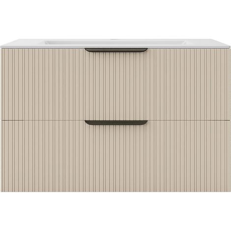 Meuble de salle de bain suspendu strié avec vasque à encastrer - Coloris beige - 80 cm - DALIKO (1/4)