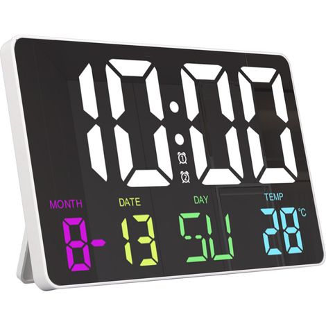 Digitale Wanduhr mit Fernbedienung, RGB-Farben, einstellbarer Helligkeit (5 Stufen), LED-Kalender- und Temperaturanzeige, großer digitaler Wecker fürs Schlafzimmer, 5 V Gleichstrom, Weiß (1/5)