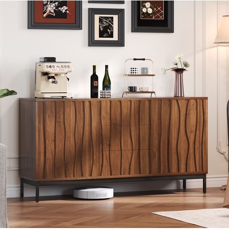 Credenza 150 cm in legno effetto scuro, 3 cassetti, 2 ripiani regolabili, marrone scuro DESVIAE (1/5)