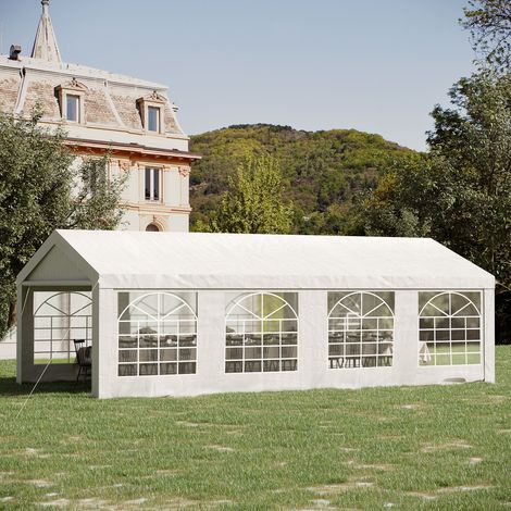 Tonnelle de jardin exterieur tente de réception 4x8m barnum chapiteau de jardin polyéthylène 8 fenêtres et acier galvanisé robuste blanc