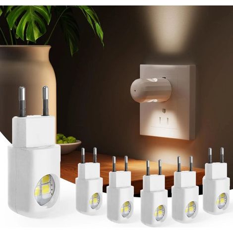 Juego de 6 luces nocturnas LED con enchufe de pared – Luz blanca cálida de 3000K, sensor crepuscular – para dormitorio, baño, pasillo y cocina (1/5)