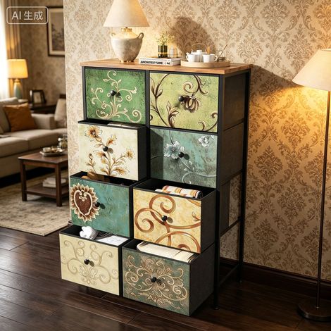 Commode à 8 tiroirs 68×30×100cm, coiffeuse de chambre avec tiroirs, meuble de rangement grande capacité avec motif rétro, pieds en métal réglables, convient aux chambres et aux salons, MDF, Coloré