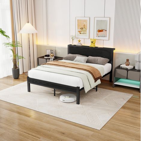 Cama individual 120x200 cm con espacio de almacenaje, estructura metálica, MDF y metal, negro (1/5)