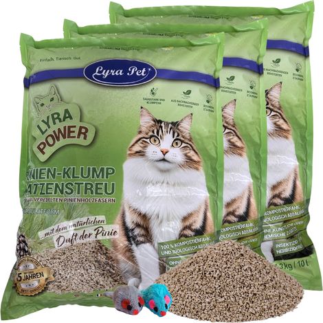 3 x 10 litres Lyra Pet® Lyra Power litière pour chats en pin agglomérante + 2 souris