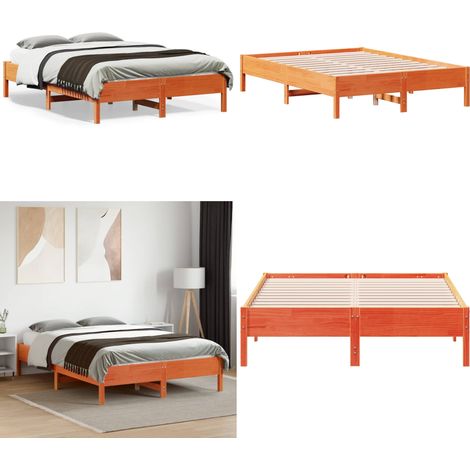 Cadre de lit sans matelas cire marron 140x190cm bois pin massif - Cadre De Lit - Lit Double - Lit En Bois - Bois De Pin - Lattes De Contreplaqué - Home & Living (1/5)