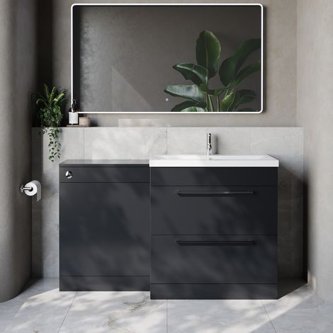 Napoli 390 Cento Gloss Grey 1400mm 2 Drawer Vanity Unit Toilet Suite with Glide Basin - 1400mm - Chrome 480mm HandleWithout Kingston Toilet Pan