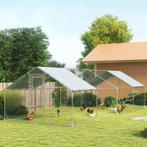Poulailler, enclos pour poules élevées en plein air, avec bâche résistante aux UV, grillage en acier, mangeoire automatique, pour 24 à 30 poules