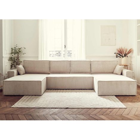 Dellia – wohnlandschaft u-form – 7-sitzer – mit schlaffunktion – mit bettkasten – aus cord - beige (1/5)